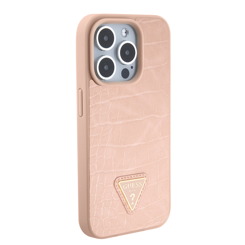 Custodia per Apple iPhone 15 Pro, Guess, Croco Triangle Metal Logo, Rosa