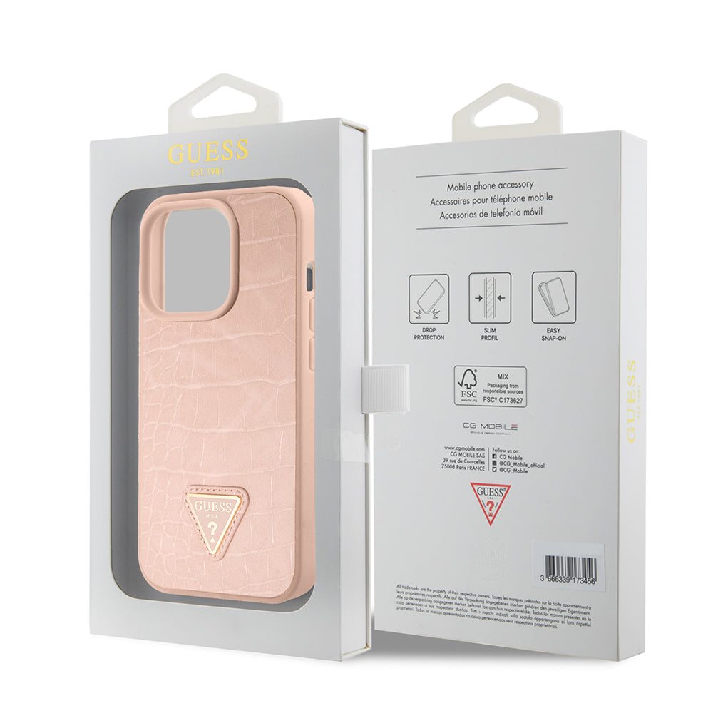 Custodia per Apple iPhone 15 Pro, Guess, Croco Triangle Metal Logo, Rosa