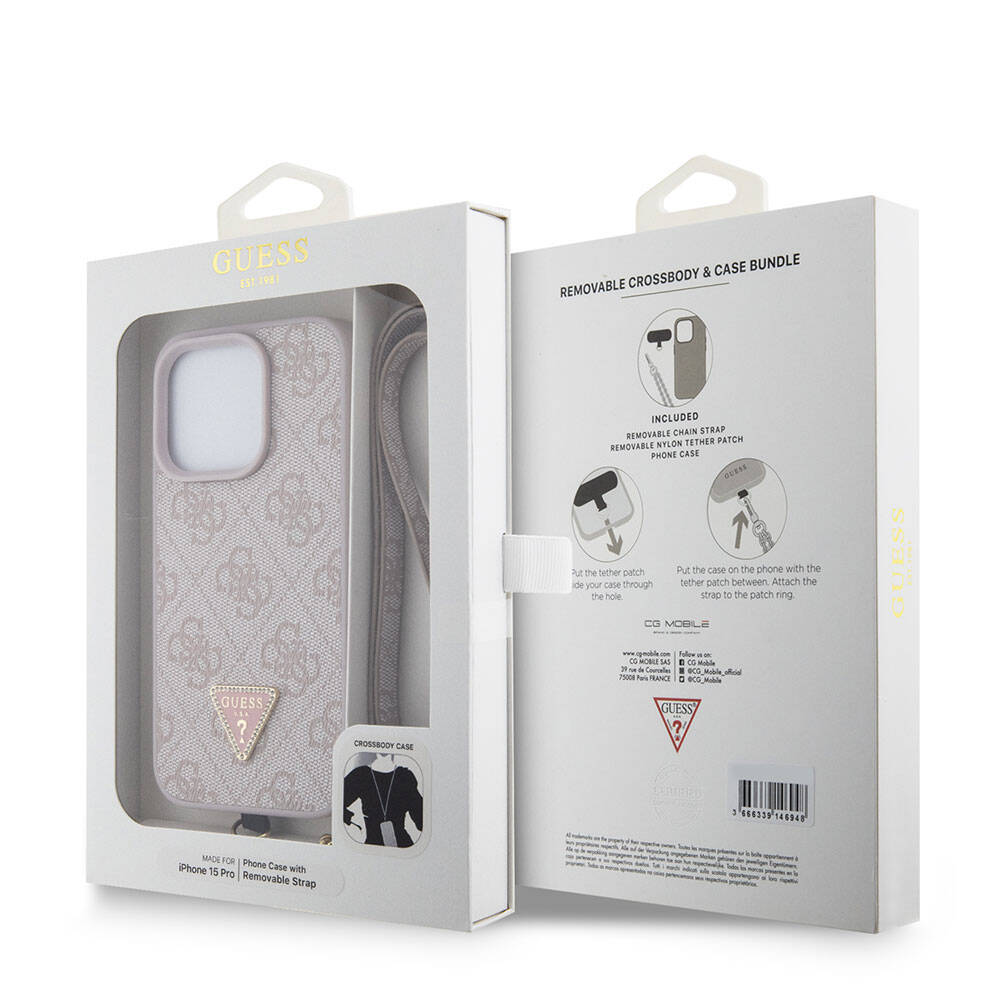 Custodia per Apple iPhone 15 Pro, Guess, Crossbody 4G Metal Logo, Rosa