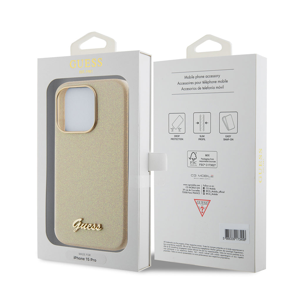 Custodia per Apple iPhone 15 Pro, Guess, Glitter Glossy Script, Beige