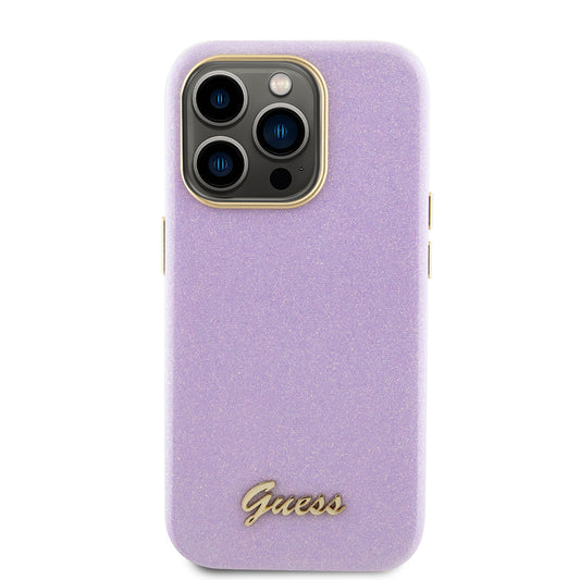 Custodia per Apple iPhone 15 Pro, Guess, Glitter Glossy Script, Lilla Chiaro