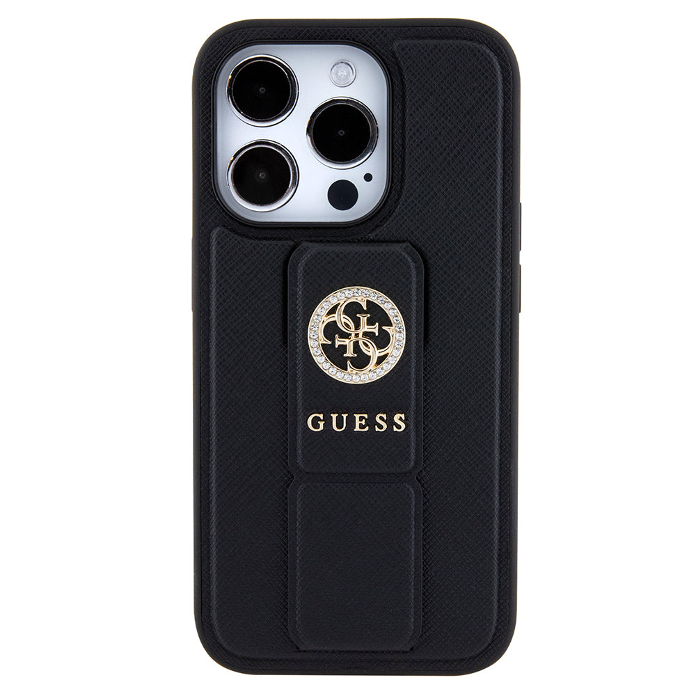 Custodia per Apple iPhone 15 Pro, Guess, Grip Stand 4G Saffiano Strass, Nera