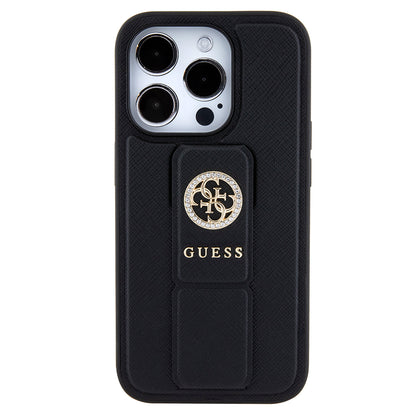 Custodia per Apple iPhone 15 Pro, Guess, Grip Stand 4G Saffiano Strass, Nera