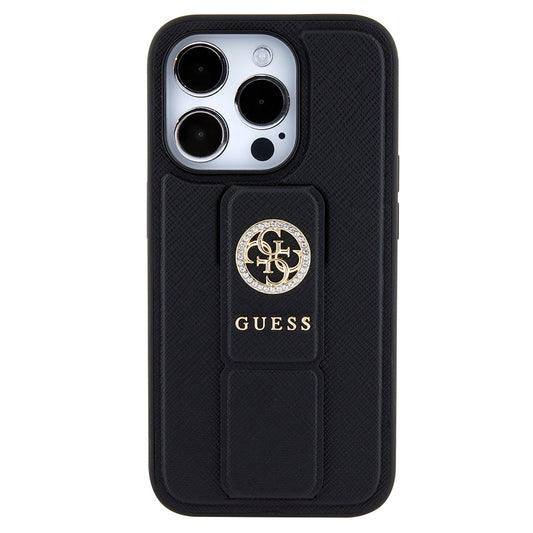 Custodia per Apple iPhone 15 Pro, Guess, Grip Stand 4G Saffiano Strass, Nera