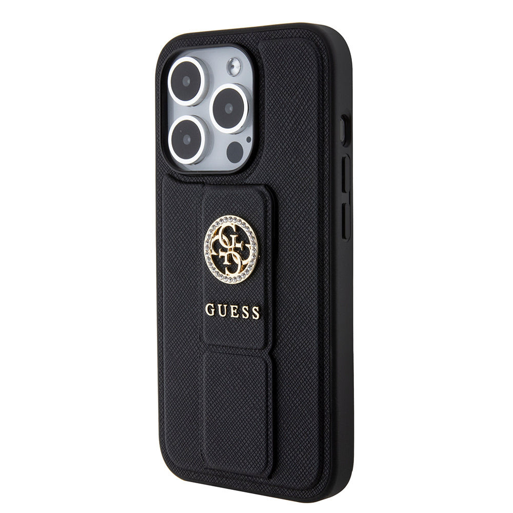 Custodia per Apple iPhone 15 Pro, Guess, Grip Stand 4G Saffiano Strass, Nera