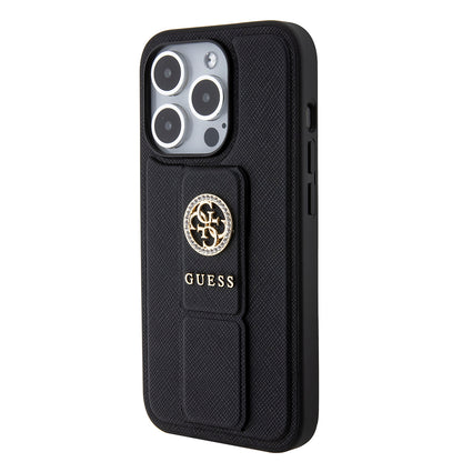 Custodia per Apple iPhone 15 Pro, Guess, Grip Stand 4G Saffiano Strass, Nera