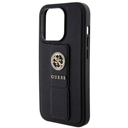 Custodia per Apple iPhone 15 Pro, Guess, Grip Stand 4G Saffiano Strass, Nera