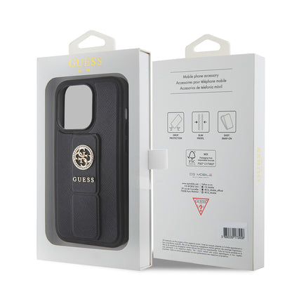 Custodia per Apple iPhone 15 Pro, Guess, Grip Stand 4G Saffiano Strass, Nera