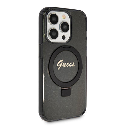 Custodia MagSafe per Apple iPhone 15 Pro, Guess, IML Ring Stand Glitter, Nera
