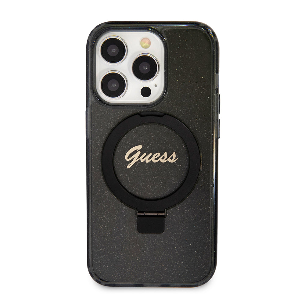 Custodia MagSafe per Apple iPhone 15 Pro, Guess, IML Ring Stand Glitter, Nera