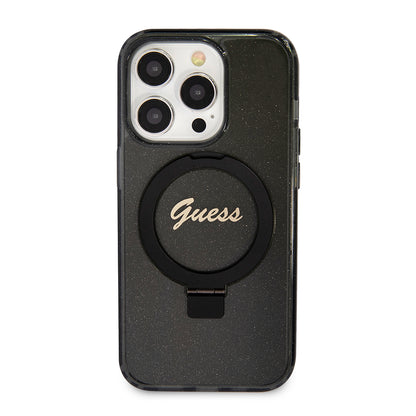 Custodia MagSafe per Apple iPhone 15 Pro, Guess, IML Ring Stand Glitter, Nera