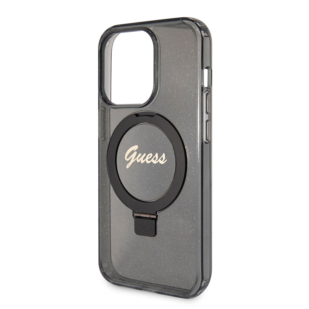 Custodia MagSafe per Apple iPhone 15 Pro, Guess, IML Ring Stand Glitter, Nera