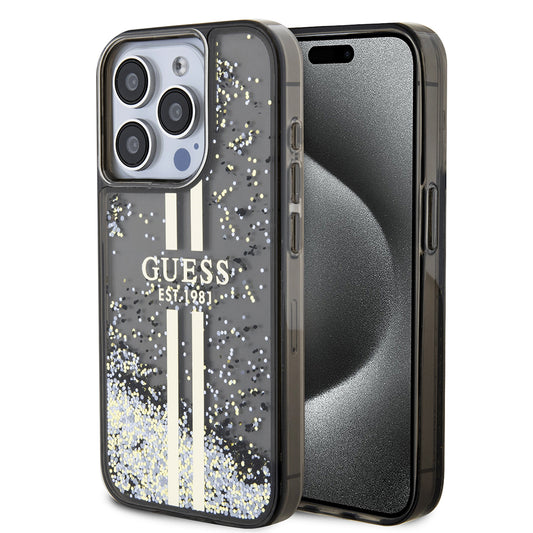Custodia per Apple iPhone 15 Pro, Guess, Liquid Glitter Gold Stripe, Nera