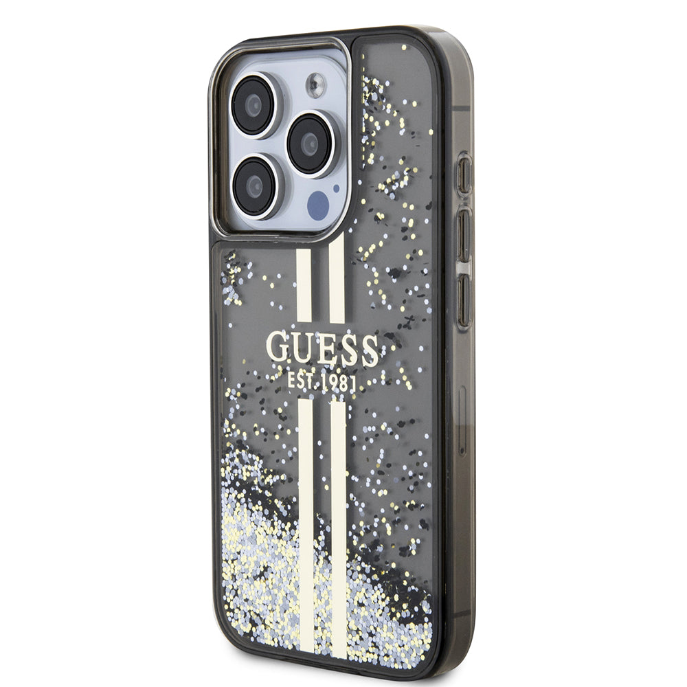 Custodia per Apple iPhone 15 Pro, Guess, Liquid Glitter Gold Stripe, Nera