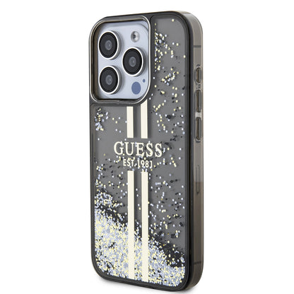 Custodia per Apple iPhone 15 Pro, Guess, Liquid Glitter Gold Stripe, Nera