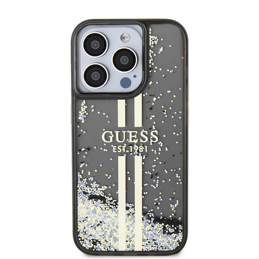 Custodia per Apple iPhone 15 Pro, Guess, Liquid Glitter Gold Stripe, Nera