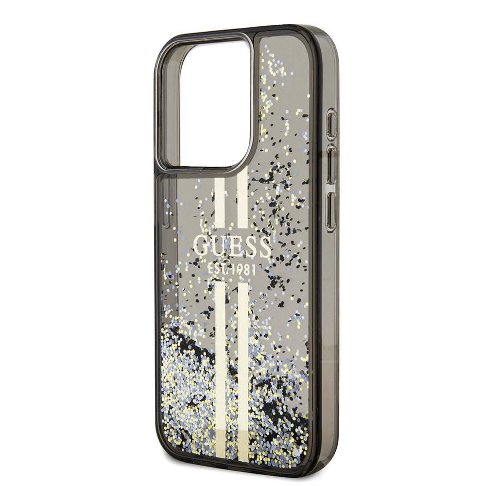 Custodia per Apple iPhone 15 Pro, Guess, Liquid Glitter Gold Stripe, Nera