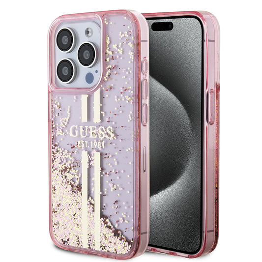 Custodia per Apple iPhone 15 Pro, Guess, Liquid Glitter Gold Stripes, Rosa