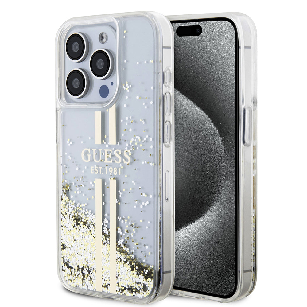 Custodia per Apple iPhone 15 Pro, Guess, Liquid Glitter Gold Stripes, Trasparente