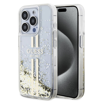 Custodia per Apple iPhone 15 Pro, Guess, Liquid Glitter Gold Stripes, Trasparente