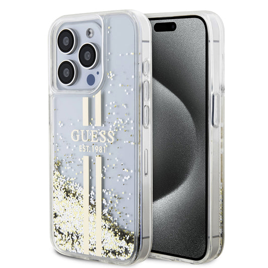 Custodia per Apple iPhone 15 Pro, Guess, Liquid Glitter Gold Stripes, Trasparente