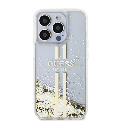 Custodia per Apple iPhone 15 Pro, Guess, Liquid Glitter Gold Stripes, Trasparente