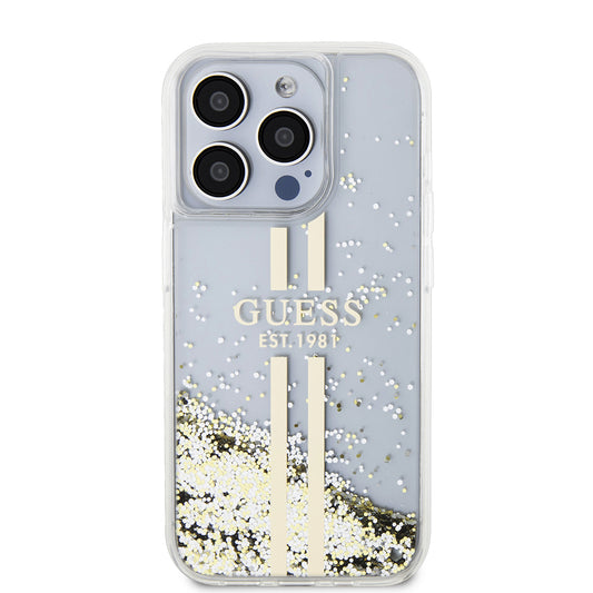 Custodia per Apple iPhone 15 Pro, Guess, Liquid Glitter Gold Stripes, Trasparente