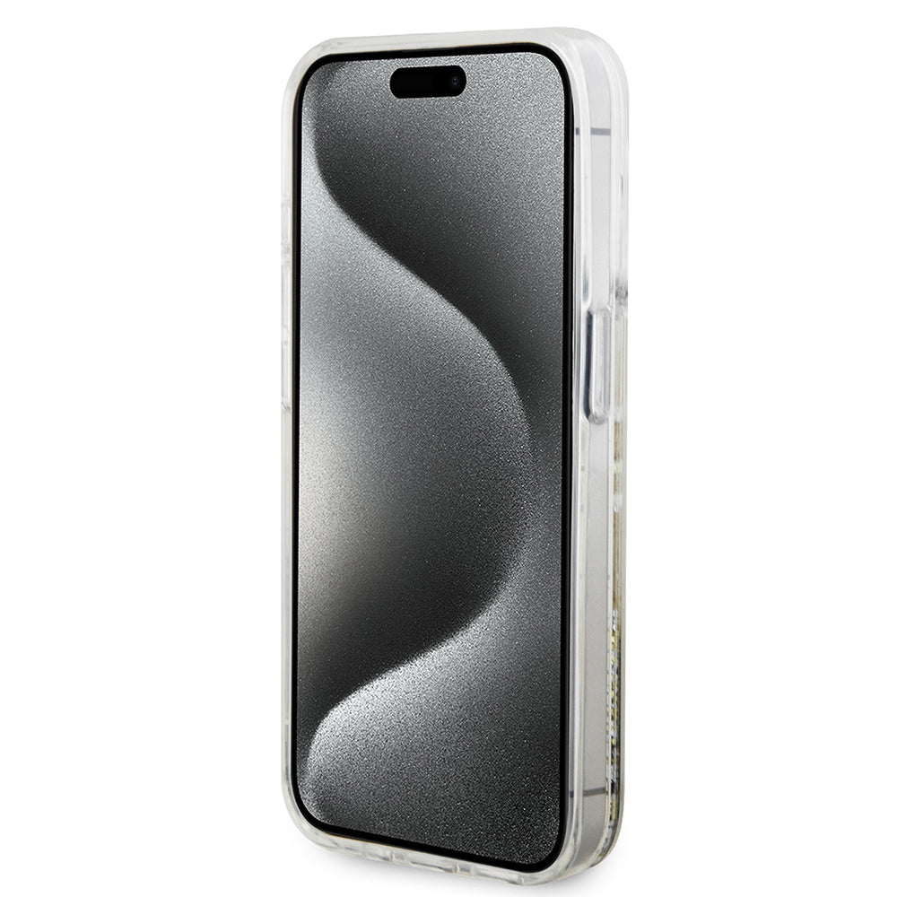Custodia per Apple iPhone 15 Pro, Guess, Liquid Glitter Gold Stripes, Trasparente