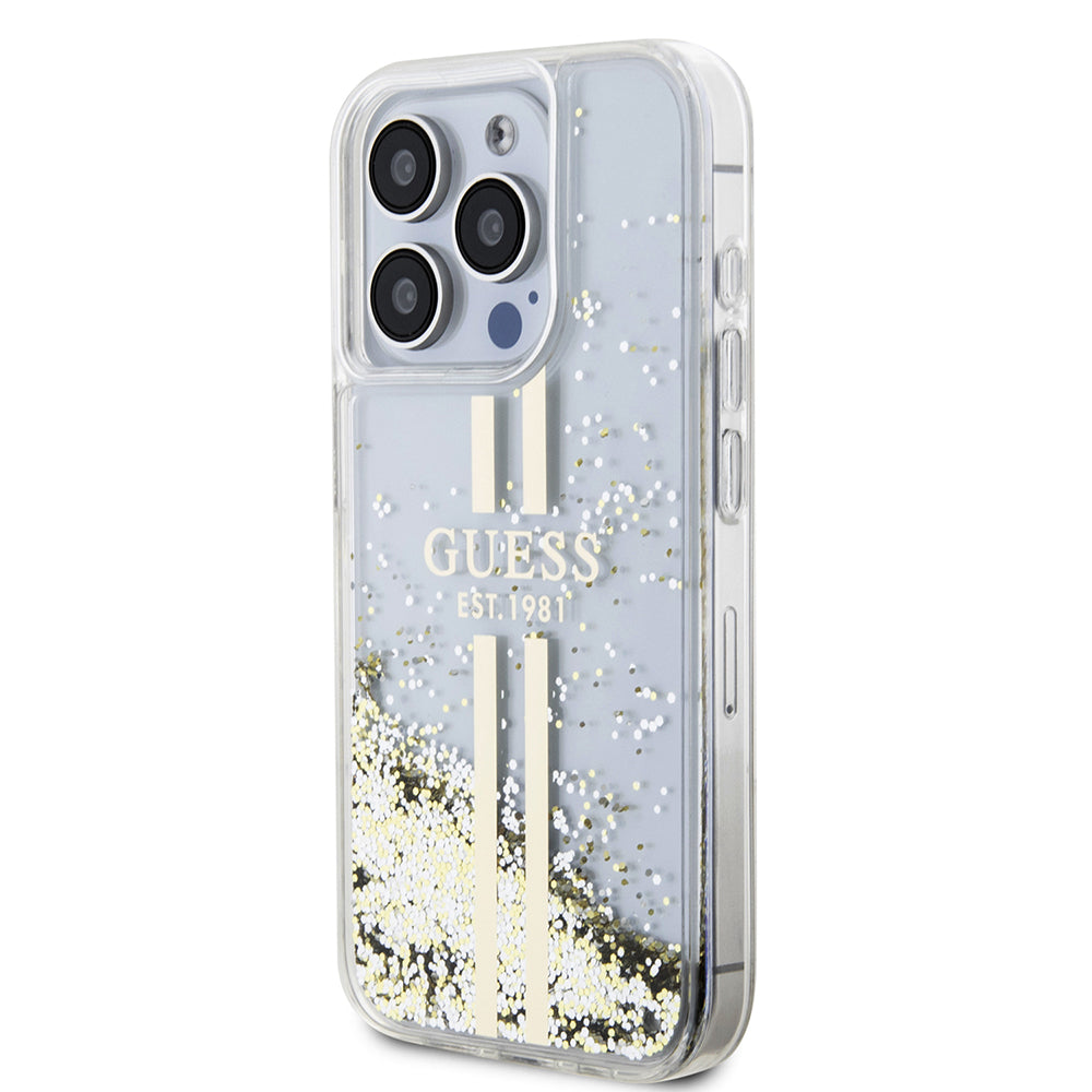 Custodia per Apple iPhone 15 Pro, Guess, Liquid Glitter Gold Stripes, Trasparente