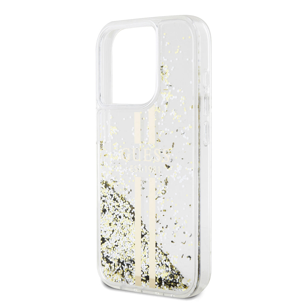 Custodia per Apple iPhone 15 Pro, Guess, Liquid Glitter Gold Stripes, Trasparente
