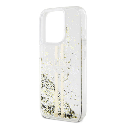 Custodia per Apple iPhone 15 Pro, Guess, Liquid Glitter Gold Stripes, Trasparente
