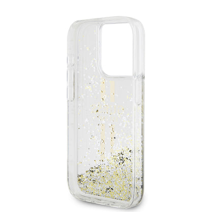 Custodia per Apple iPhone 15 Pro, Guess, Liquid Glitter Gold Stripes, Trasparente