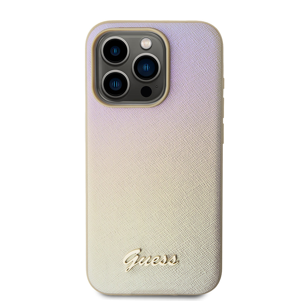 Custodia per Apple iPhone 15 Pro, Guess, Saffiano Iridescent Script, Dorata