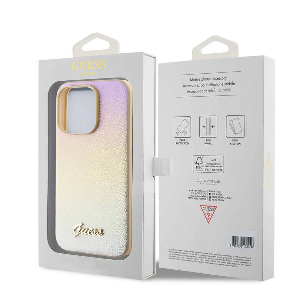 Custodia per Apple iPhone 15 Pro, Guess, Saffiano Iridescent Script, Dorata