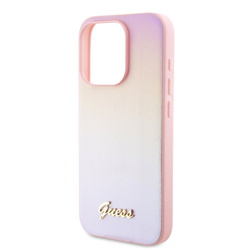 Case for Apple iPhone 15 Pro, Guess, Saffiano Iridescent Script, Pink