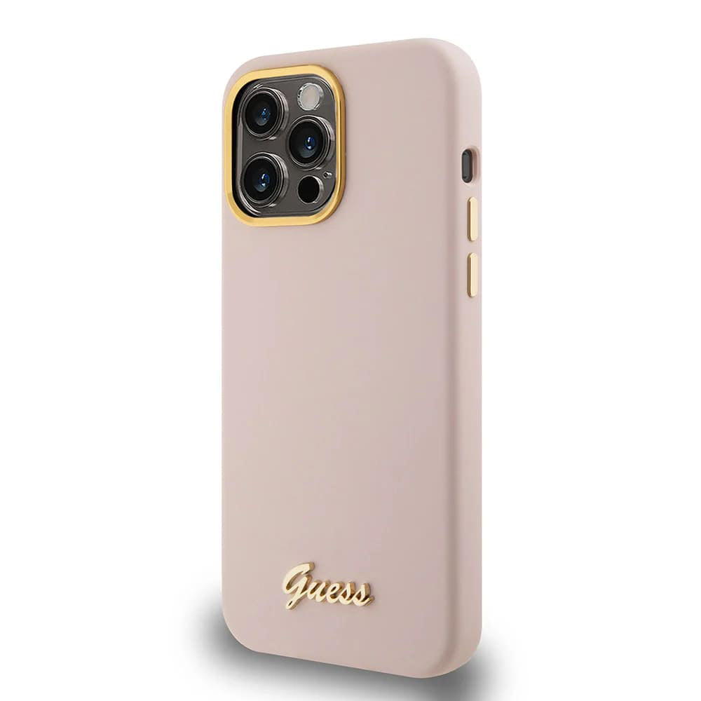 Case for Apple iPhone 15 Pro, Guess, Script Metal Logo & Frame, Light Pink