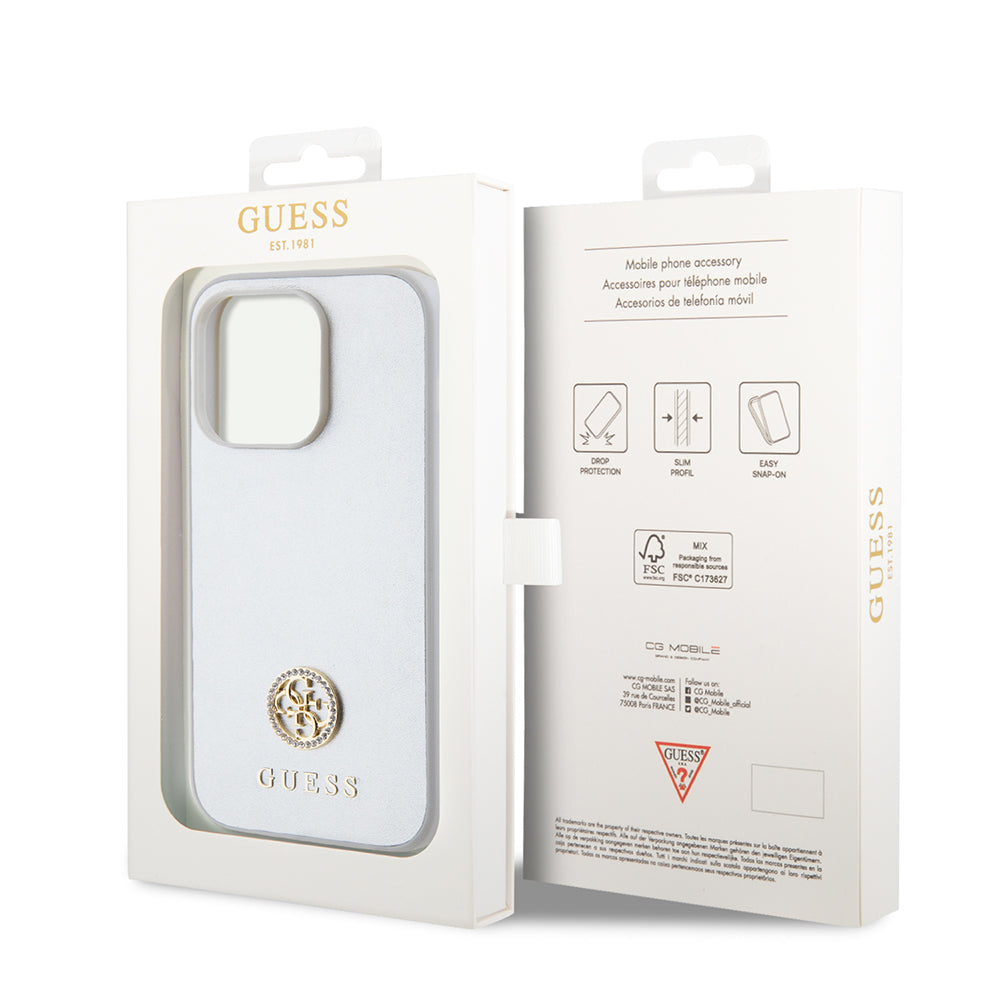 Custodia per Apple iPhone 15 Pro, Guess, Strass Metal Logo, Argento