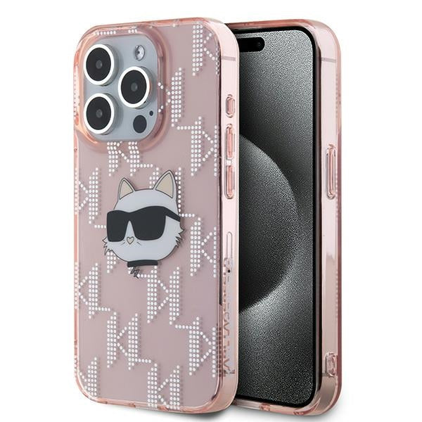 Custodia per Apple iPhone 15 Pro, Karl Lagerfeld, IML Luxury Monogram Choupette's Head, Rosa