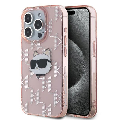 Custodia per Apple iPhone 15 Pro, Karl Lagerfeld, IML Luxury Monogram Choupette's Head, Rosa