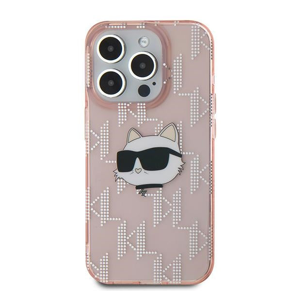 Custodia per Apple iPhone 15 Pro, Karl Lagerfeld, IML Luxury Monogram Choupette's Head, Rosa