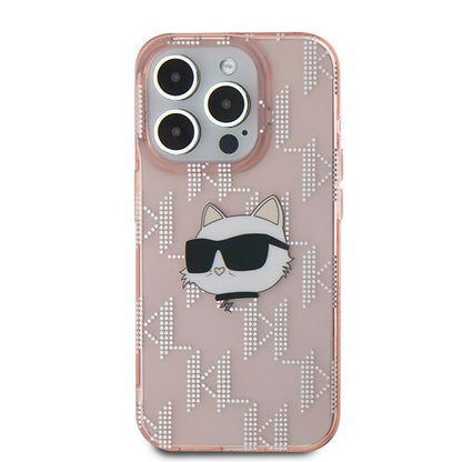 Custodia per Apple iPhone 15 Pro, Karl Lagerfeld, IML Luxury Monogram Choupette's Head, Rosa