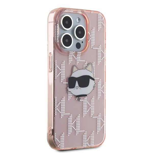 Custodia per Apple iPhone 15 Pro, Karl Lagerfeld, IML Luxury Monogram Choupette's Head, Rosa