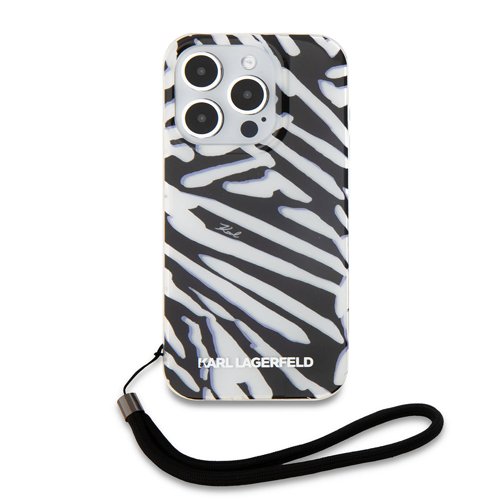 Custodia per Apple iPhone 15 Pro, Karl Lagerfeld, IML Luxury Zebra Pattern con Cinturino, Nera