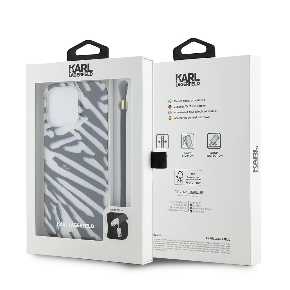 Custodia per Apple iPhone 15 Pro, Karl Lagerfeld, IML Luxury Zebra Pattern con Cinturino, Nera