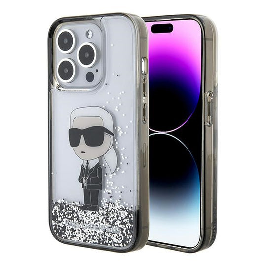 Custodia per Apple iPhone 15 Pro, Karl Lagerfeld, Liquid Glitter Ikonik Karl, Trasparente