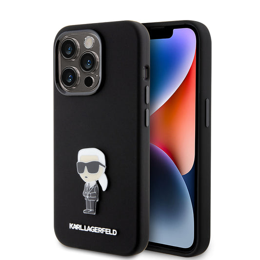 Custodia per Apple iPhone 15 Pro, Karl Lagerfeld, Silicone Metal Ikonik, Nera