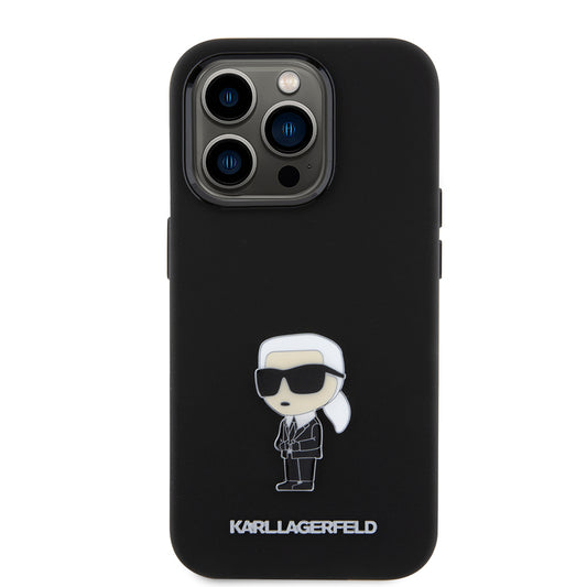 Custodia per Apple iPhone 15 Pro, Karl Lagerfeld, Silicone Metal Ikonik, Nera