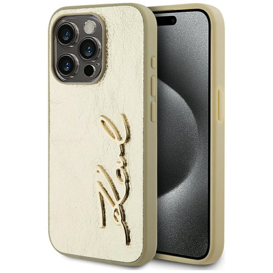 Custodia per Apple iPhone 15 Pro, Karl Lagerfeld, Metal Signature, Dorata