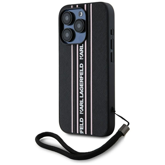 Custodia per Apple iPhone 15 Pro, Karl Lagerfeld, Saffiano Athleisure Stripes with Strap, Rosa