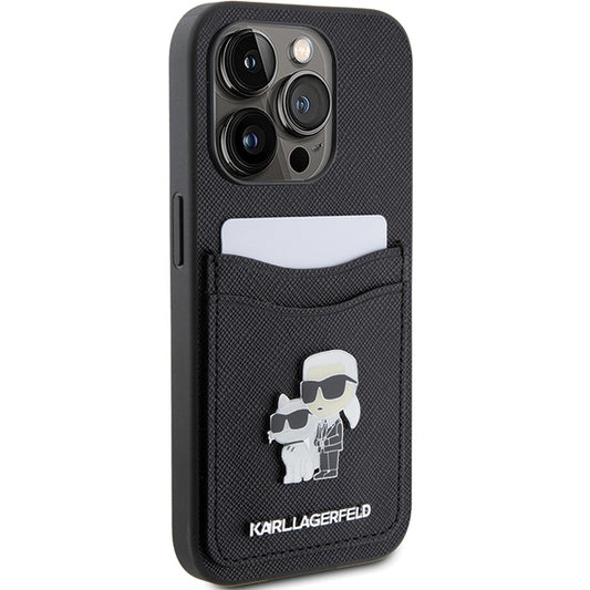 Custodia per Apple iPhone 15 Pro, Karl Lagerfeld, Saffiano Card Slot Metal Karl & Choupette, Nera